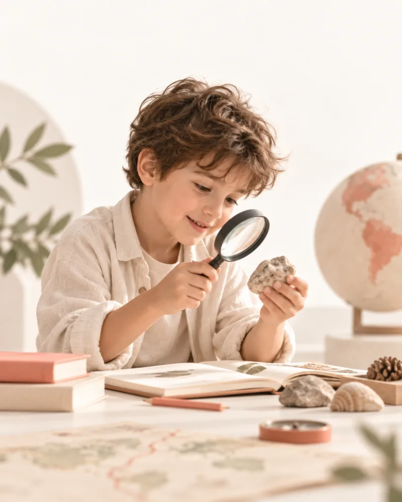 A boy examining a rock through a magnifying glass beside a globe